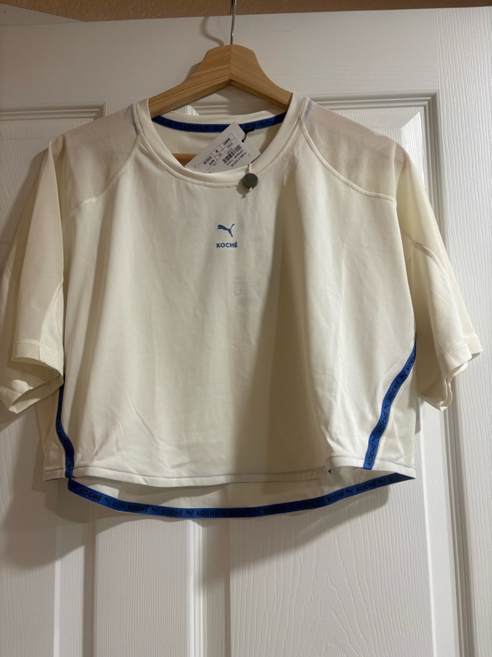 Cream Crop Tee with Blue Trim